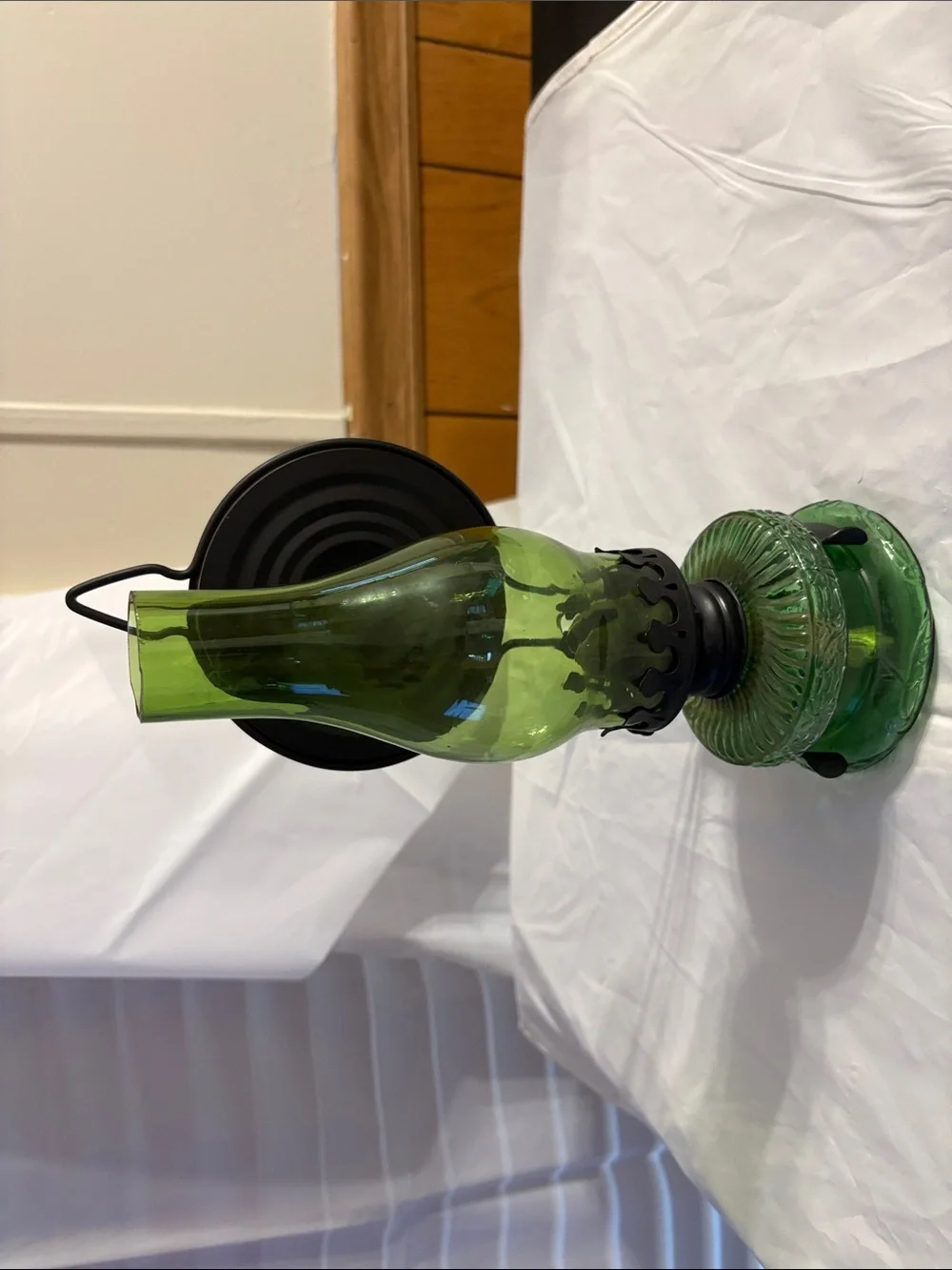 Green Glass Oil Lamp Home Accent - Unbranded 9”